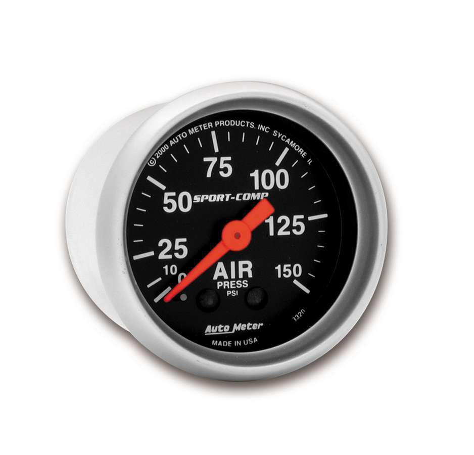 Auto Meter Air Pressure Gauge, Sport-Comp, 0-150 psi, Mechanical, Analog, 2-1/16" Diameter, Black Face, Each