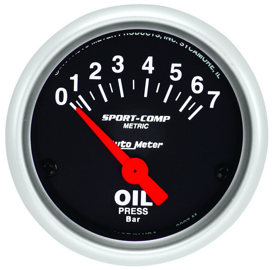 Auto Meter Oil Pressure Gauge, Sport-Comp, 0-7 bar, Electric, Analog, Short Sweep, 2-1/16" Diameter, Black Face, Each