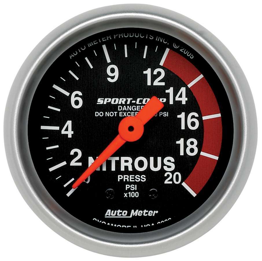 Auto Meter Nitrous Pressure Gauge, Sport-Comp, 0-2000 psi, Mechanical, Analog, 2-1/16" Diameter, Black Face, Each
