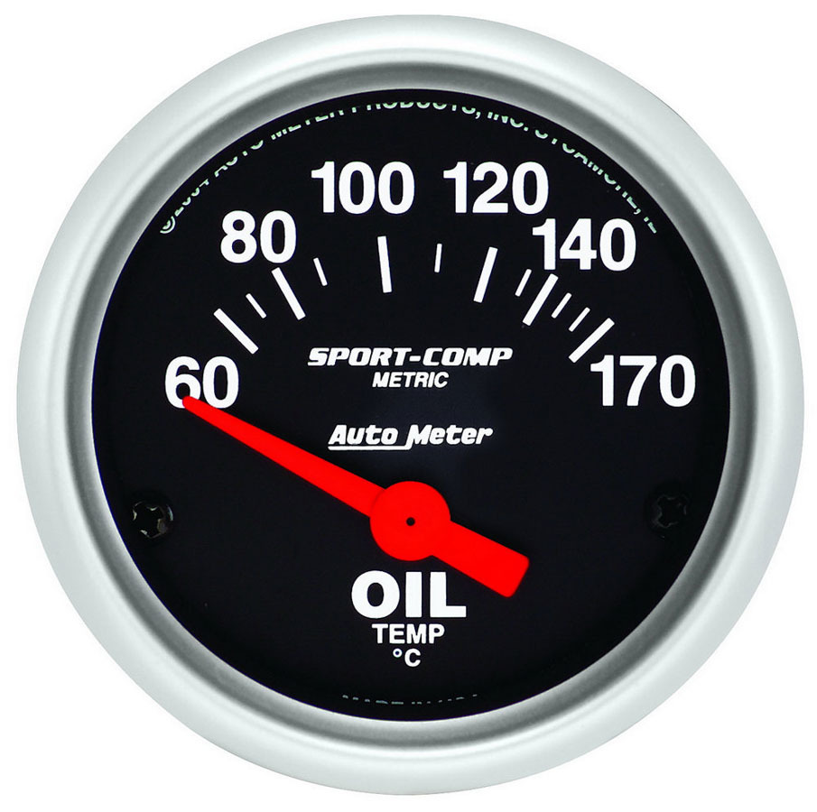 Auto Meter Oil Temperature Gauge, Sport-Comp, 60-170 Degree C, Electric, Analog, Short Sweep, 2-1/16" Diameter, Black Face, Each