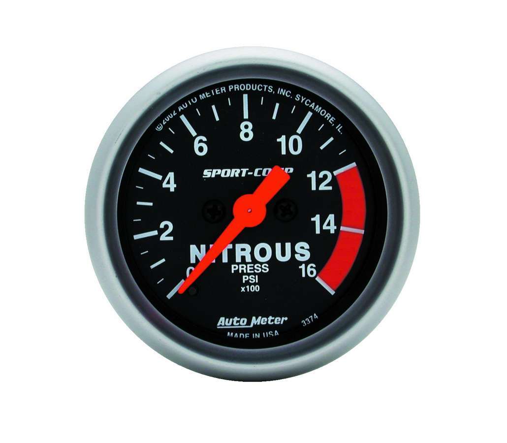 Auto Meter Nitrous Pressure Gauge, Sport-Comp, 0-1600 psi, Electric, Analog, Full Sweep, 2-1/16" Diameter, Black Face, Each