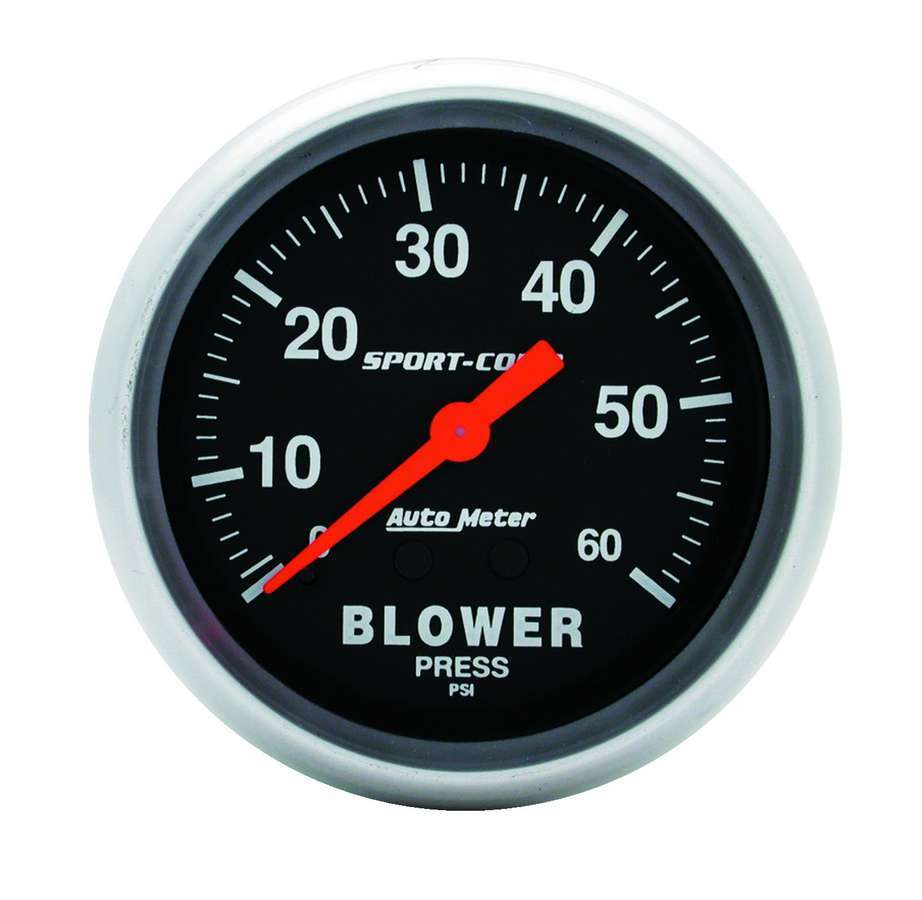 Auto Meter Blower Pressure Gauge, Sport-Comp, 0-60 psi, Mechanical, Analog, 2-5/8" Diameter, Black Face, Each
