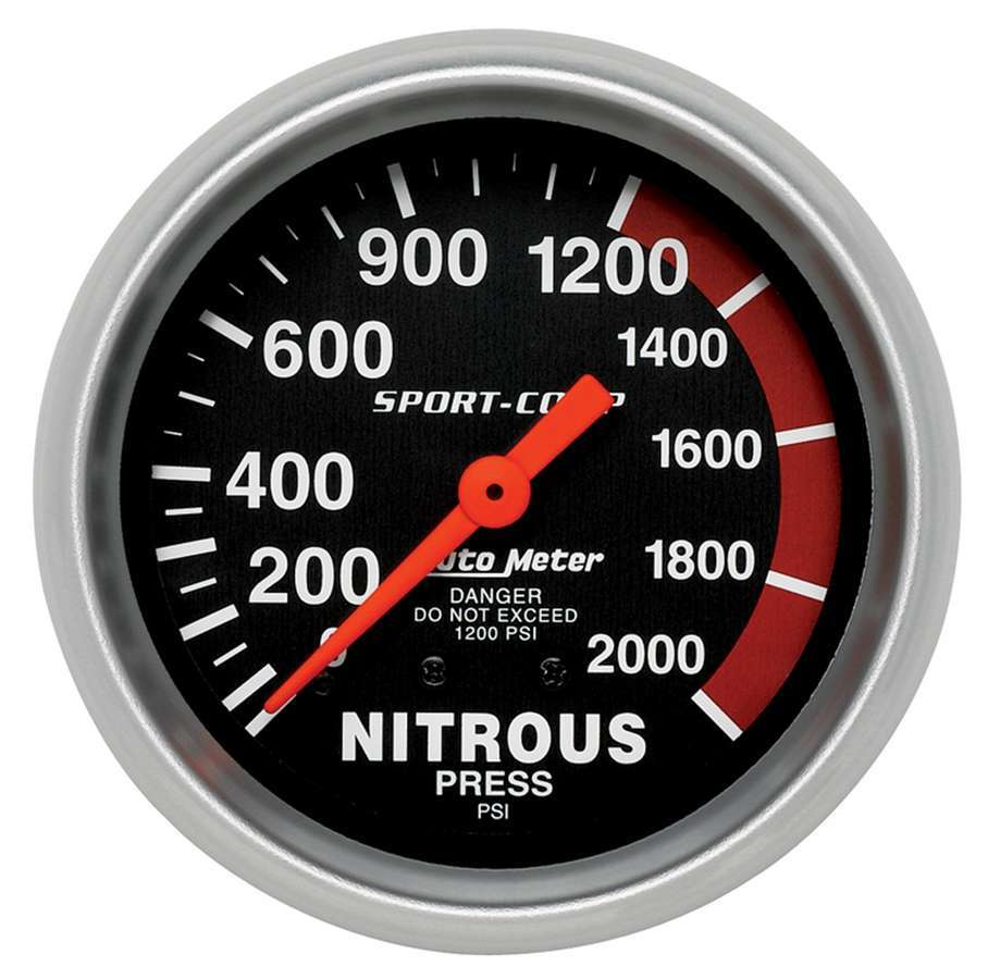 Auto Meter Nitrous Pressure Gauge, Sport-Comp, 0-2000 psi, Mechanical, Analog, 2-5/8" Diameter, Black Face, Each