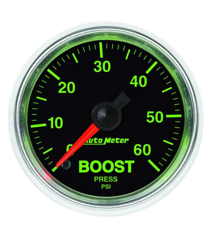 Auto Meter Boost Gauge, GS, 0-60 psi, Mechanical, Analog, 2-1/16" Diameter, Black Face, Each