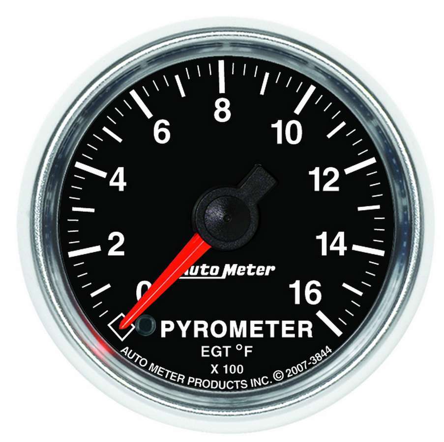 Auto Meter EGT Gauge, GS, 0-1600 Degree F, Electric, Analog, Full Sweep, 2-1/16" Diameter, Black Face, Each