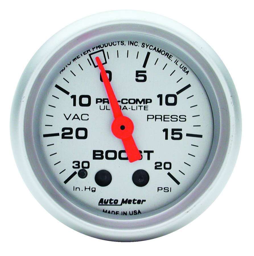 Auto Meter Boost/Vacuum Gauge, Ultra-Lite, 30" HG-20 psi, Mechanical, Analog, 2-1/16" Diameter, Silver Face, Each