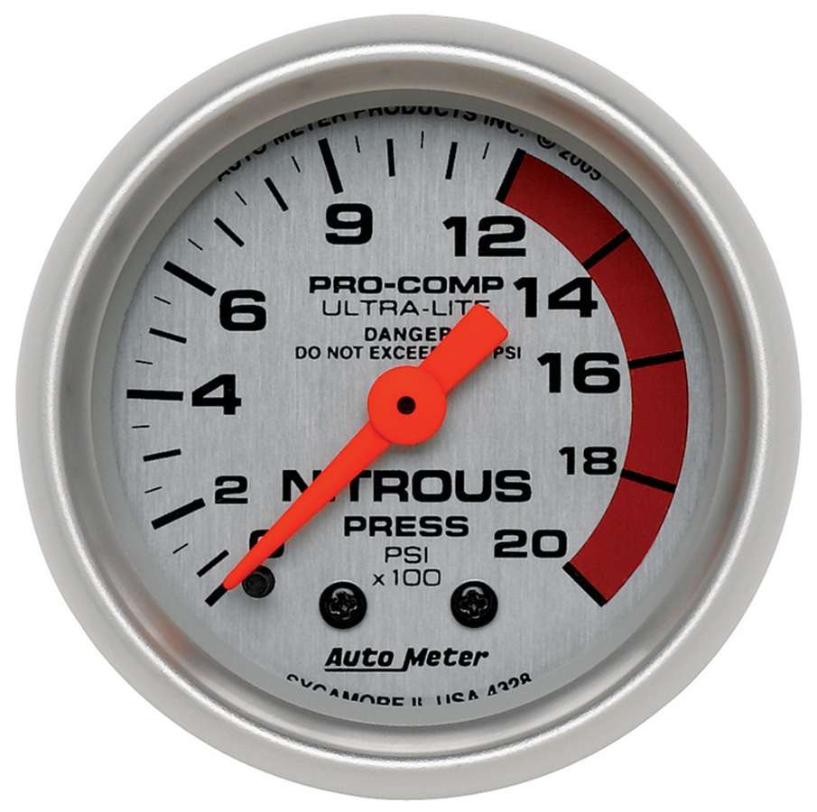 Auto Meter Nitrous Pressure Gauge, Ultra-Lite, 0-2000 psi, Mechanical, Analog, 2-1/16" Diameter, Silver Face, Each
