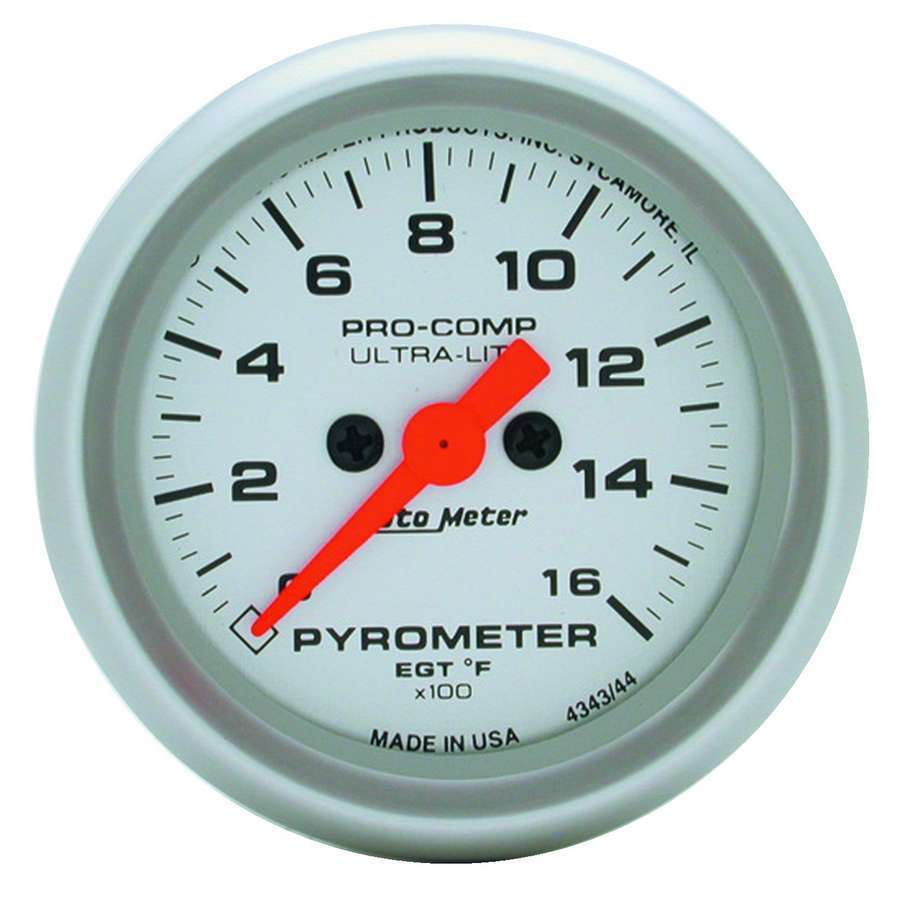 Auto Meter EGT Gauge, Ultra-Lite, 0-1600 Degree F, Electric, Analog, Full Sweep, 2-1/16" Diameter, Silver Face, Each