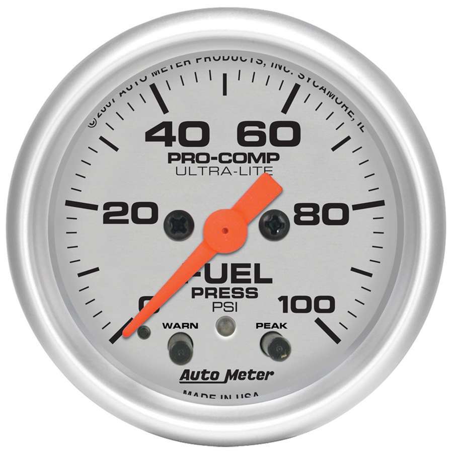 Auto Meter Fuel Pressure Gauge, Ultra-Lite, 0-100 psi, Electric, Analog, Full Sweep, 2-1/16" Diameter, Silver Face, Each