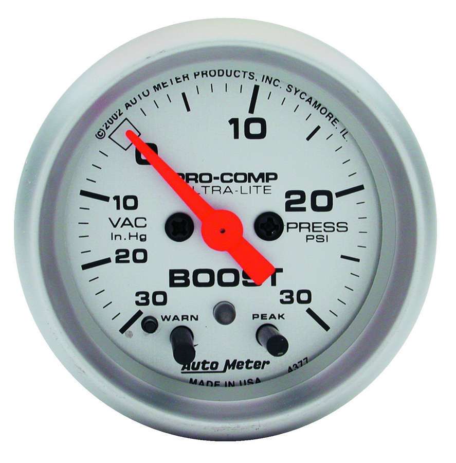Auto Meter Boost/Vacuum Gauge, Ultra-Lite, 30" HG-15 psi, Electric, Analog, Full Sweep, 2-1/16" Diameter, Peak and Warn, Silver