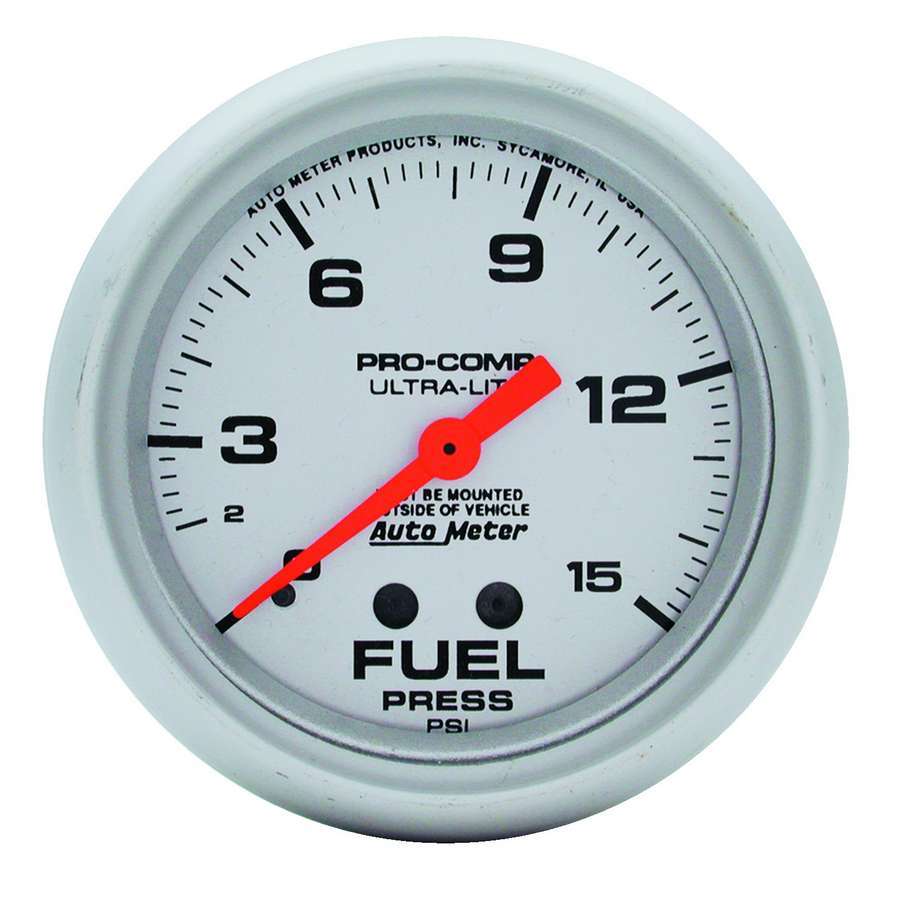 Auto Meter Fuel Pressure Gauge, Ultra-Lite, 0-15 psi, Mechanical, Analog, 2-5/8" Diameter, Silver Face, Each