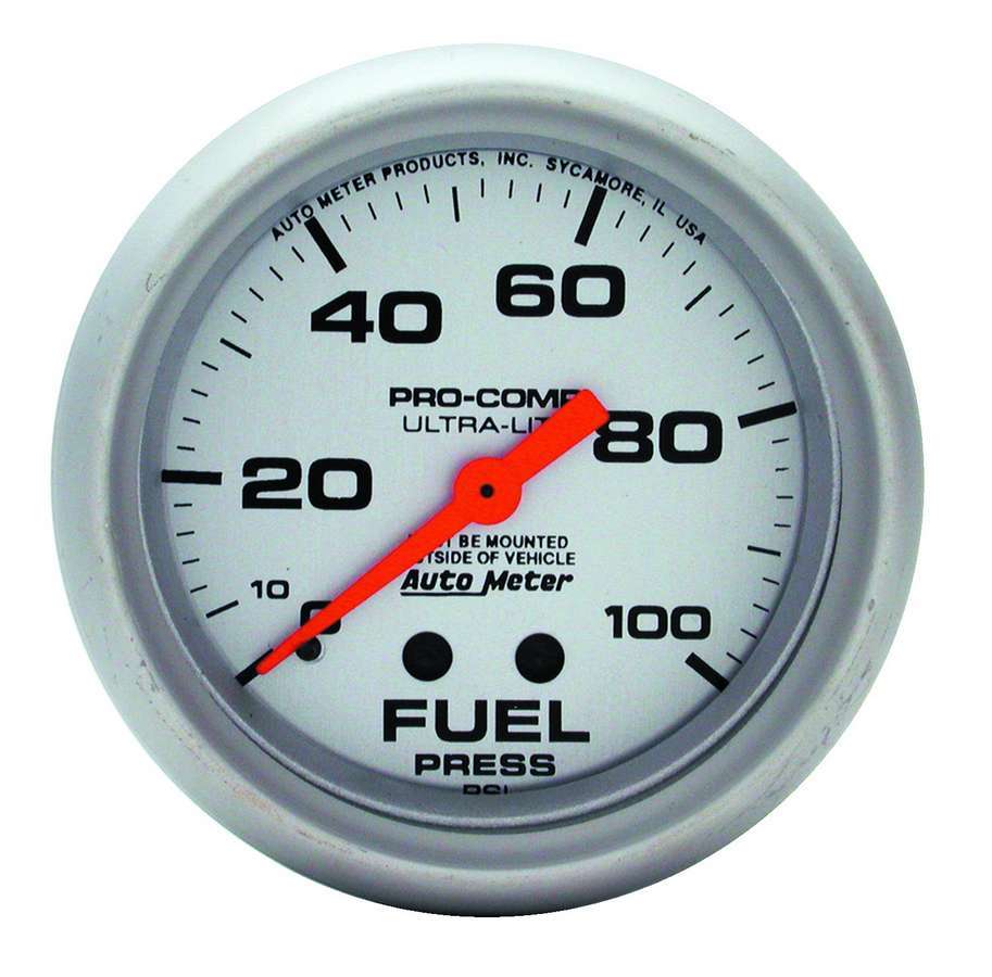Auto Meter Fuel Pressure Gauge, Ultra-Lite, 0-100 psi, Mechanical, Analog, 2-5/8" Diameter, Silver Face, Each