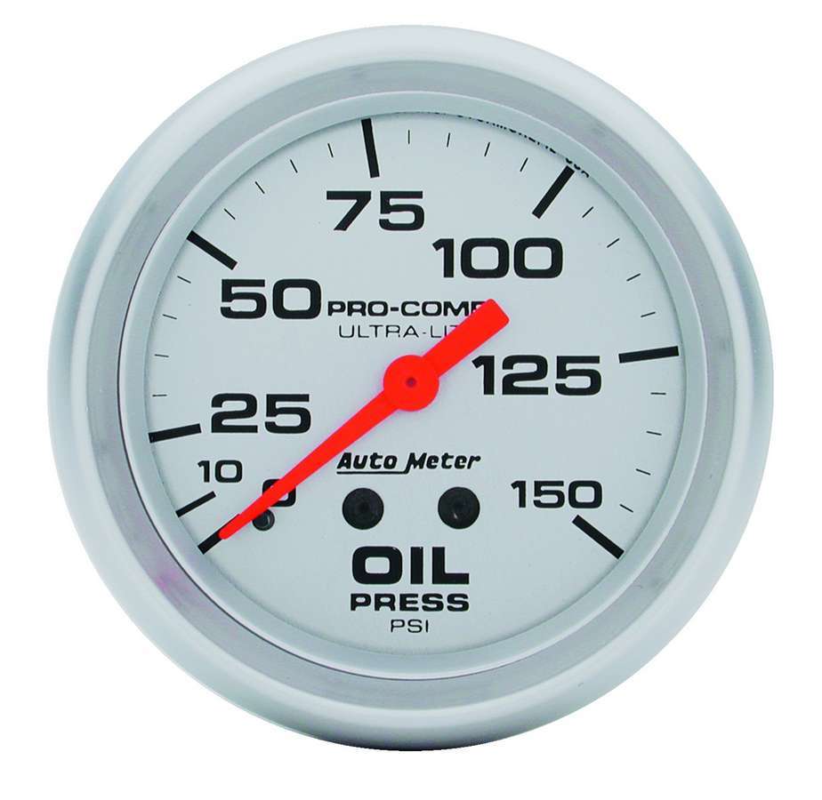 Auto Meter Oil Pressure Gauge, Ultra-Lite, 0-150 psi, Mechanical, Analog, 2-5/8" Diameter, Silver Face, Each
