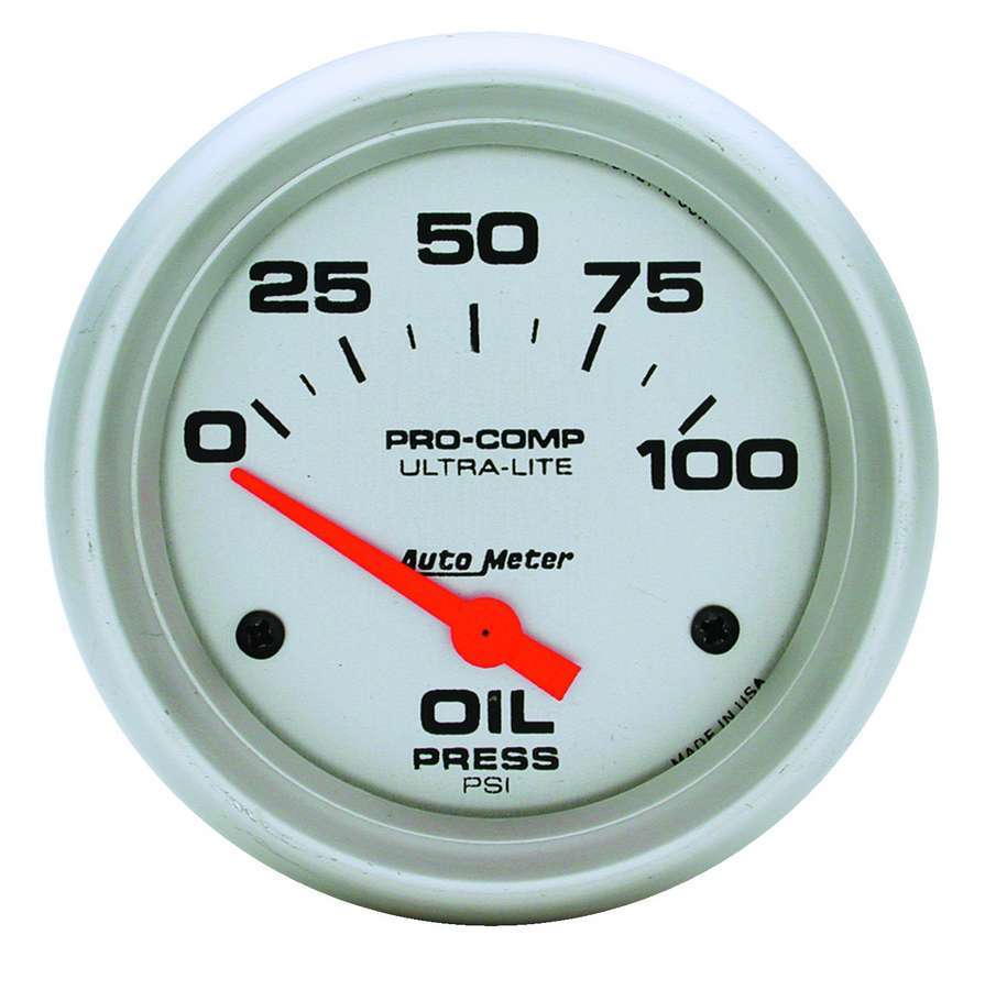 Auto Meter Oil Pressure Gauge, Ultra-Lite, 0-100 psi, Electric, Analog, Short Sweep, 2-5/8" Diameter, Silver Face, Each