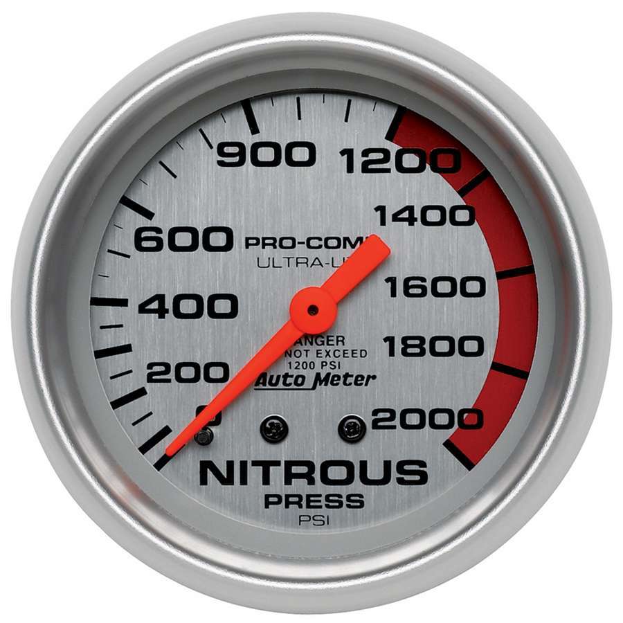 Auto Meter Nitrous Pressure Gauge, Ultra-Lite, 0-2000 psi, Mechanical, Analog, 2-5/8" Diameter, Silver Face, Each