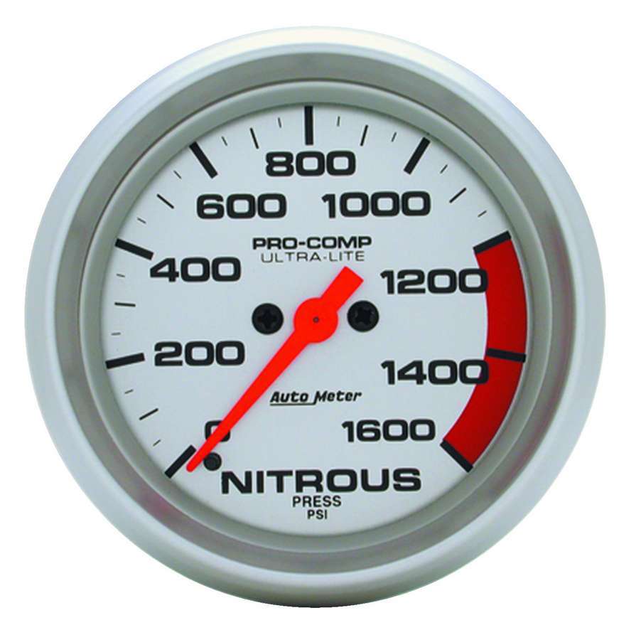 Auto Meter Nitrous Pressure Gauge, Ultra-Lite, 0-1600 psi, Electric, Analog, Full Sweep, 2-5/8" Diameter, Silver Face, Each
