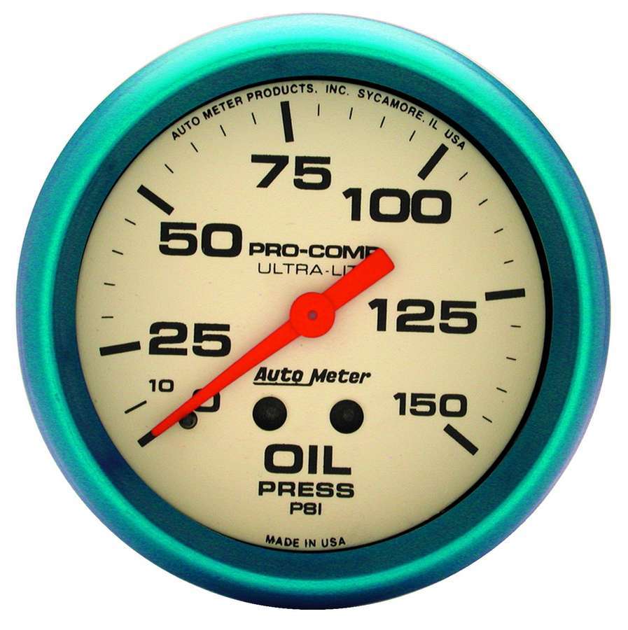 Auto Meter Oil Pressure Gauge, Ultra-Nite, 0-150 psi, Mechanical, Analog, 2-5/8" Diameter, White Face, Each