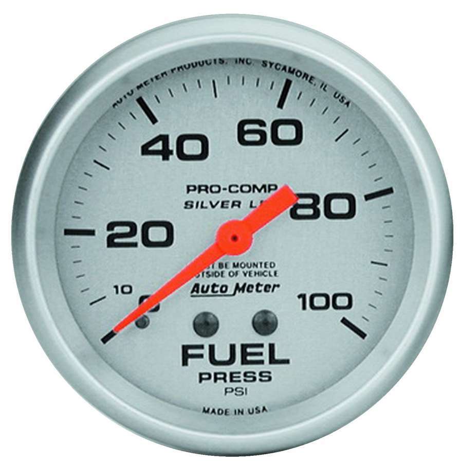 Auto Meter Fuel Pressure Gauge, Ultra-Lite, 0-100 psi, Mechanical, Analog, 2-5/8" Diameter, Liquid Filled, Silver Face, Each