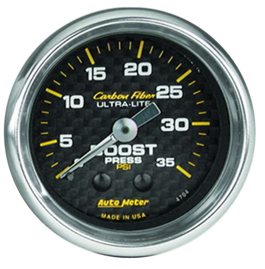 Auto Meter Boost Gauge, Carbon Fiber, 0-35 psi, Mechanical, Analog, 2-1/16" Diameter, Carbon Fiber Look Face, Each