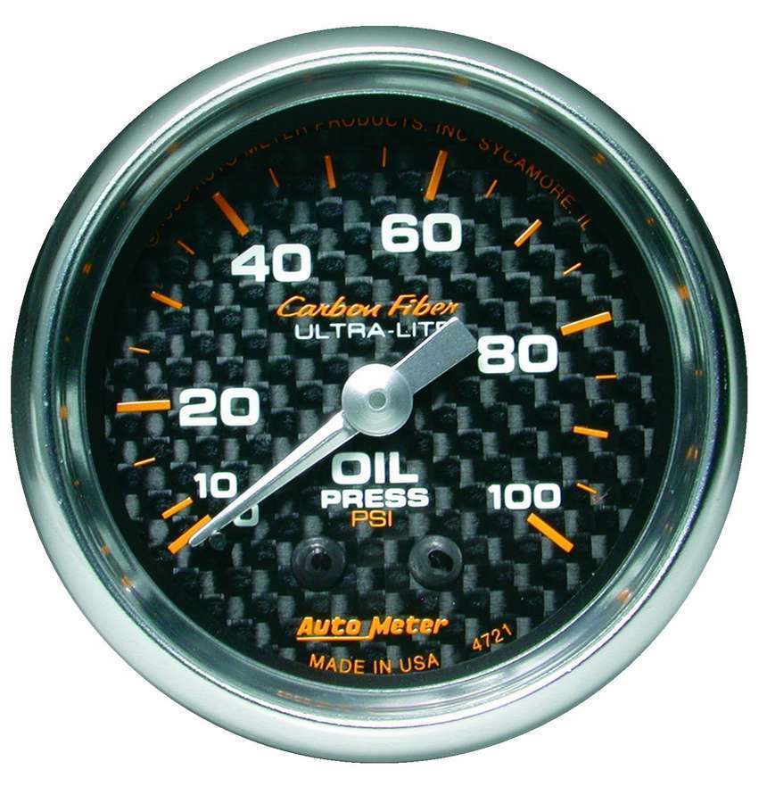 Auto Meter Oil Pressure Gauge, Carbon Fiber, 0-100 psi, Mechanical, Analog, 2-1/16" Diameter, Carbon Fiber Look Face, Each
