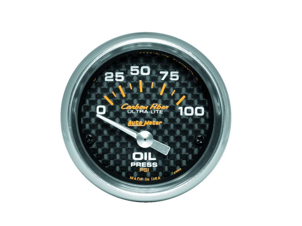 Auto Meter Oil Pressure Gauge, Carbon Fiber, 0-100 psi, Electric, Analog, Short Sweep, 2-1/16" Diameter, Carbon Fiber Look Face,