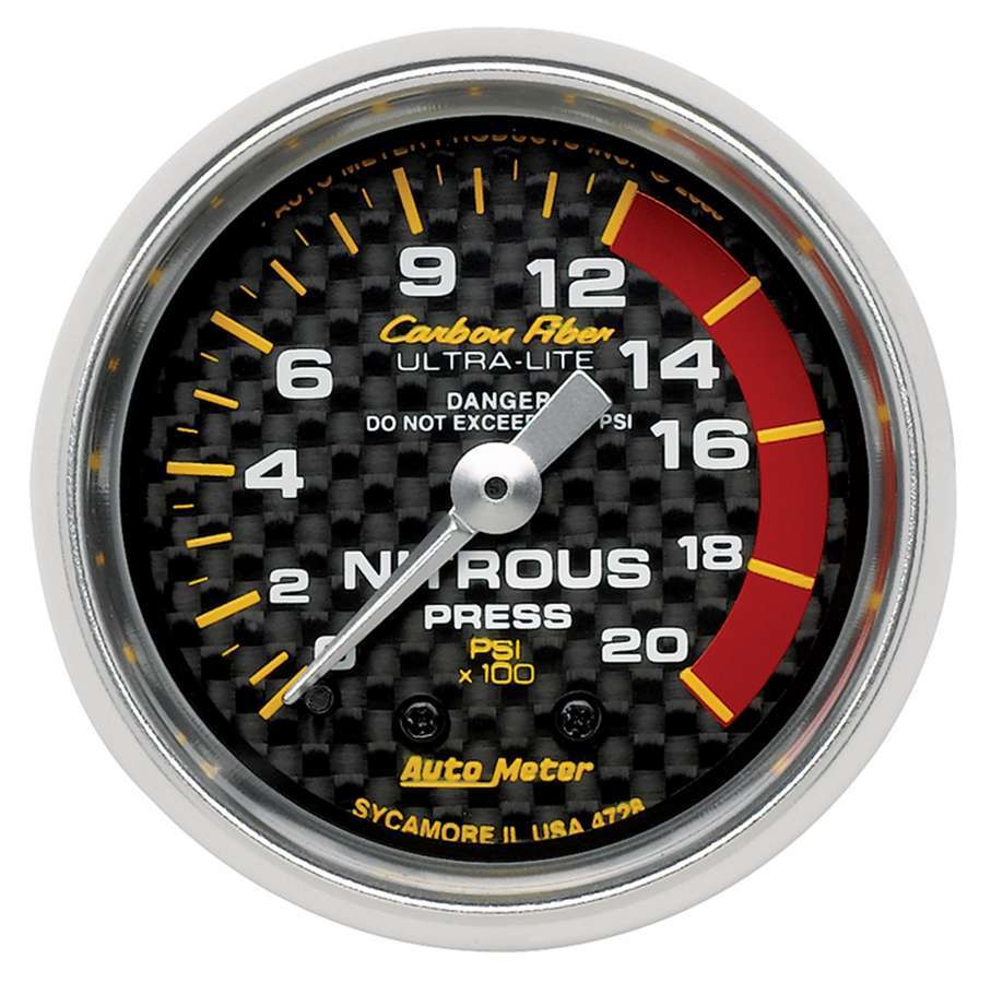 Auto Meter Nitrous Pressure Gauge, Carbon Fiber, 0-2000 psi, Mechanical, Analog, 2-1/16" Diameter, Carbon Fiber Look Face, Each