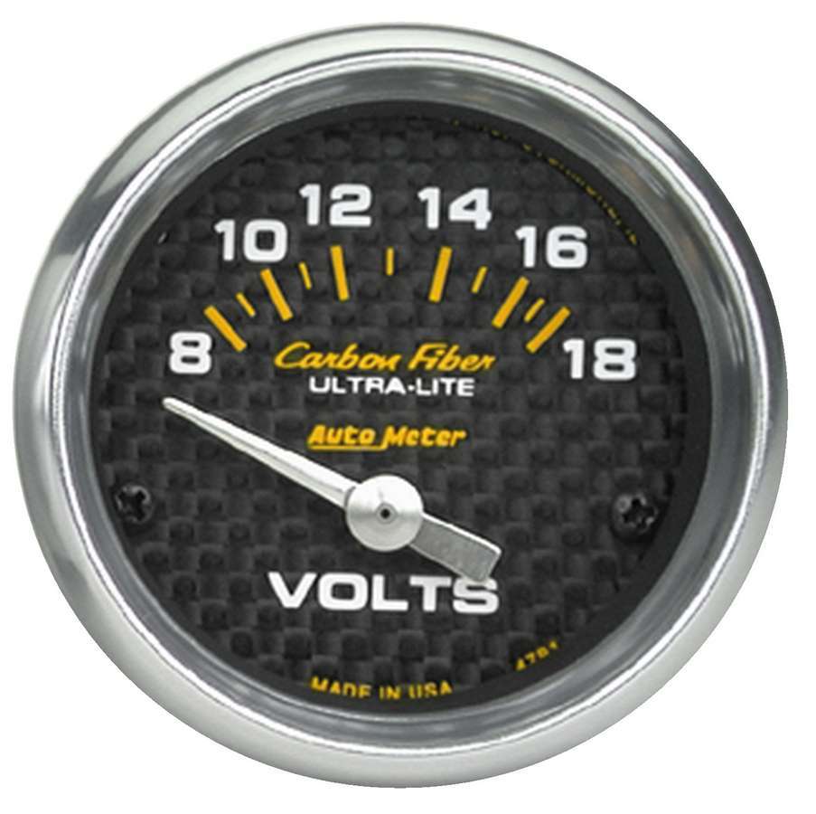 Auto Meter Voltmeter, Carbon Fiber, 8-18V, Electric, Analog, Short Sweep, 2-1/16" Diameter, Carbon Fiber Look Face, Each