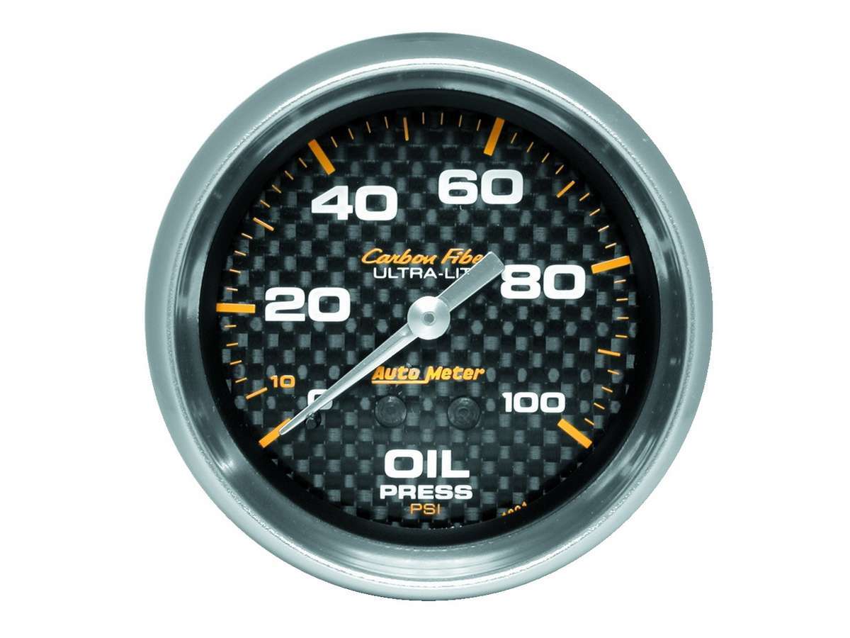Auto Meter Oil Pressure Gauge, Carbon Fiber, 0-100 psi, Mechanical, Analog, 2-5/8" Diameter, Carbon Fiber Look Face, Each