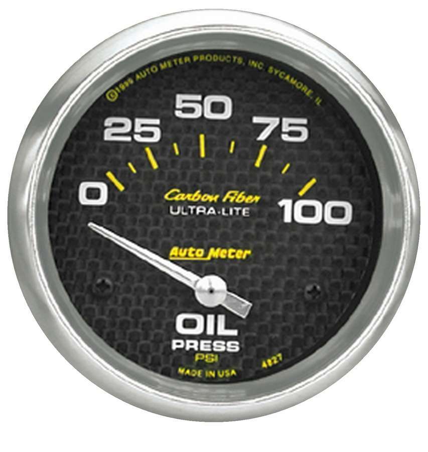 Auto Meter Oil Pressure Gauge, Carbon Fiber, 0-100 psi, Electric, Analog, Short Sweep, 2-5/8" Diameter, Carbon Fiber Look Face,
