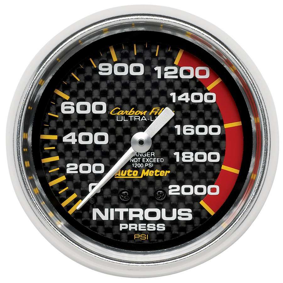 Auto Meter Nitrous Pressure Gauge, Carbon Fiber, 0-2000 psi, Mechanical, Analog, 2-5/8" Diameter, Carbon Fiber Look Face, Each