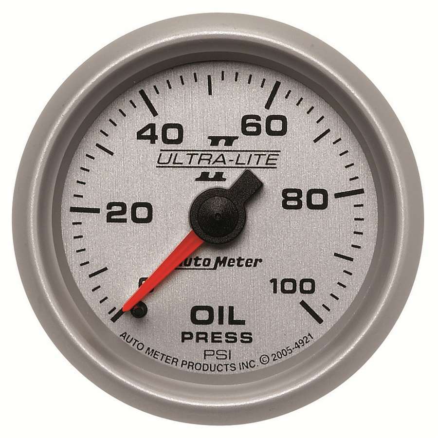 Auto Meter Oil Pressure Gauge, Ultra-Lite II, 0-100 psi, Mechanical, Analog, 2-1/16" Diameter, Silver Face, Each