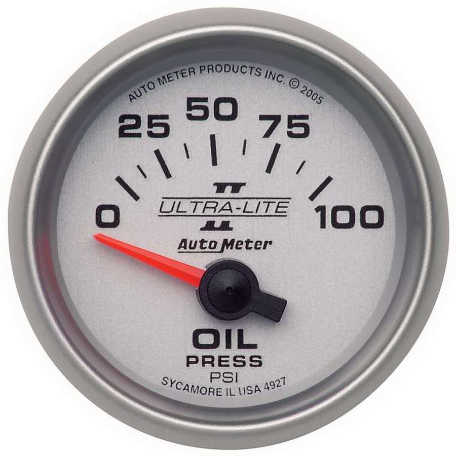 Auto Meter Oil Pressure Gauge, Ultra-Lite II, 0-100 psi, Electric, Analog, Short Sweep, 2-1/16" Diameter, Silver Face, Each