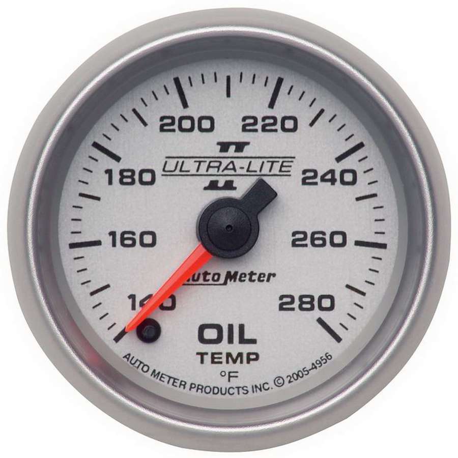 Auto Meter Oil Temperature Gauge, Ultra-Lite II, 140-280 Degree F, Electric, Analog, Full Sweep, 2-1/16" Diameter, Silver Face,