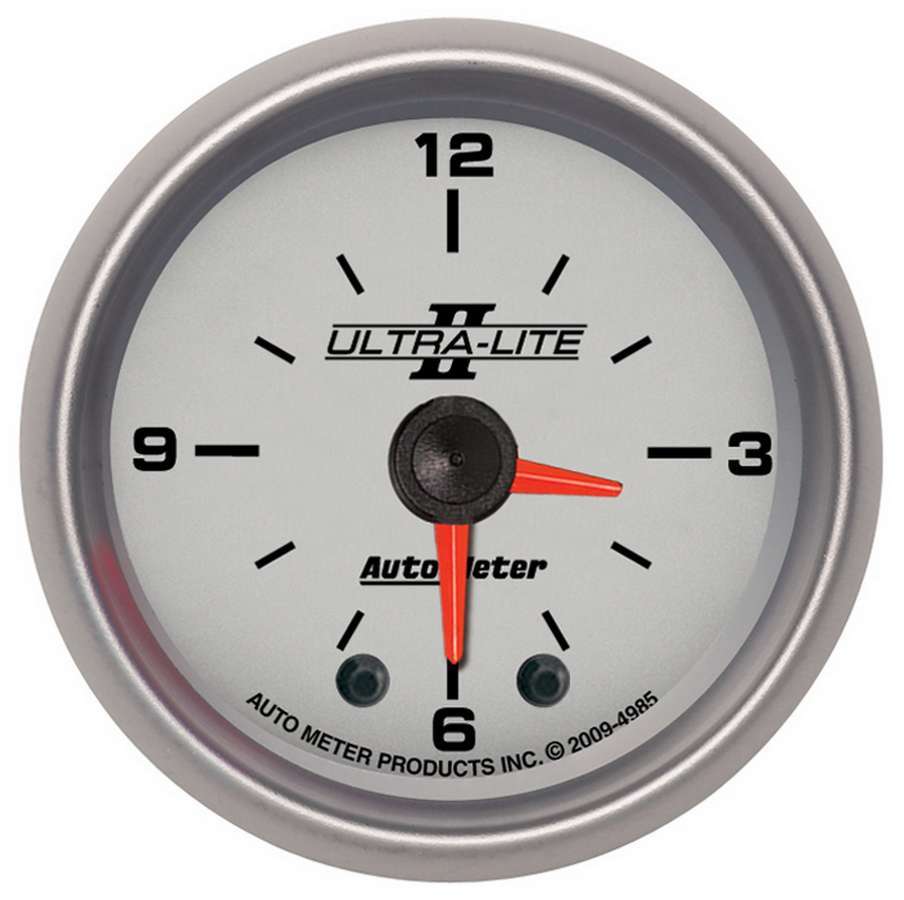 Auto Meter Clock Gauge, Ultra-Lite II, Electric, Analog, 2-1/16" Diameter, Silver Face, Each