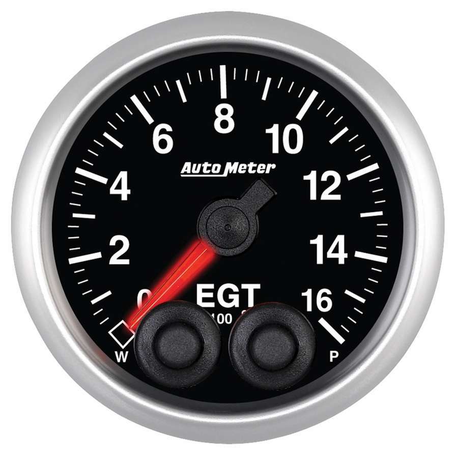Auto Meter EGT Gauge, Elite Series, 0-1600 Degree F, Electric, Analog, Full Sweep, 2-1/16" Diameter, Peak and Warn, Black Face,