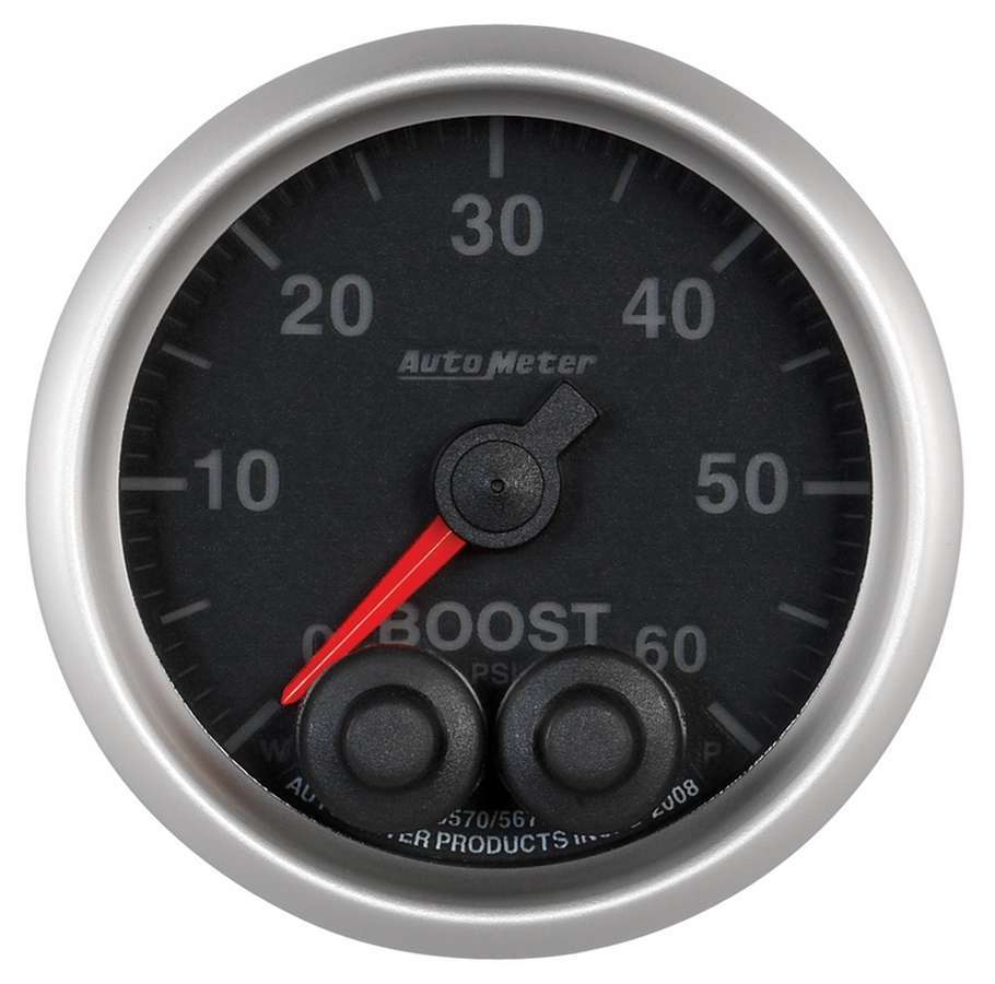 Auto Meter Boost Gauge, Elite Series, 0-60 psi, Electric, Analog, Full Sweep, 2-1/16" Diameter, Peak and Warn, Black Face, Each