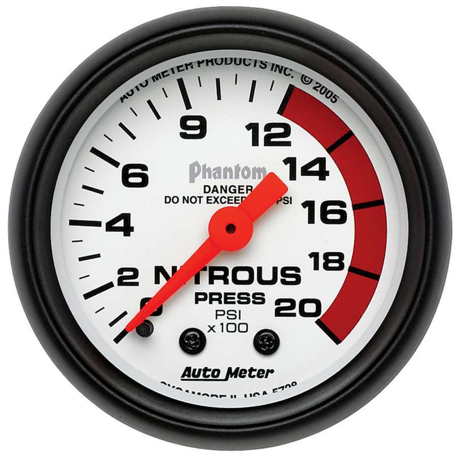 Auto Meter Nitrous Pressure Gauge, Phantom, 0-2000 psi, Mechanical, Analog, 2-1/16" Diameter, White Face, Each