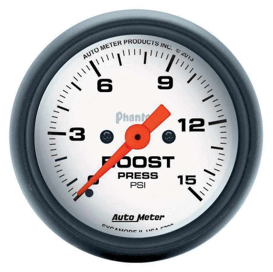 Auto Meter Boost/Vacuum Gauge, Phantom, 30" HG-15 psi, Electric, Analog, 2-1/16" Diameter, White Face, Each