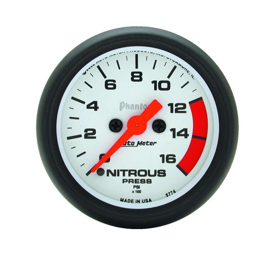 Auto Meter Nitrous Pressure Gauge, Phantom, 0-1600 psi, Electric, Analog, Full Sweep, 2-1/16" Diameter, White Face, Each