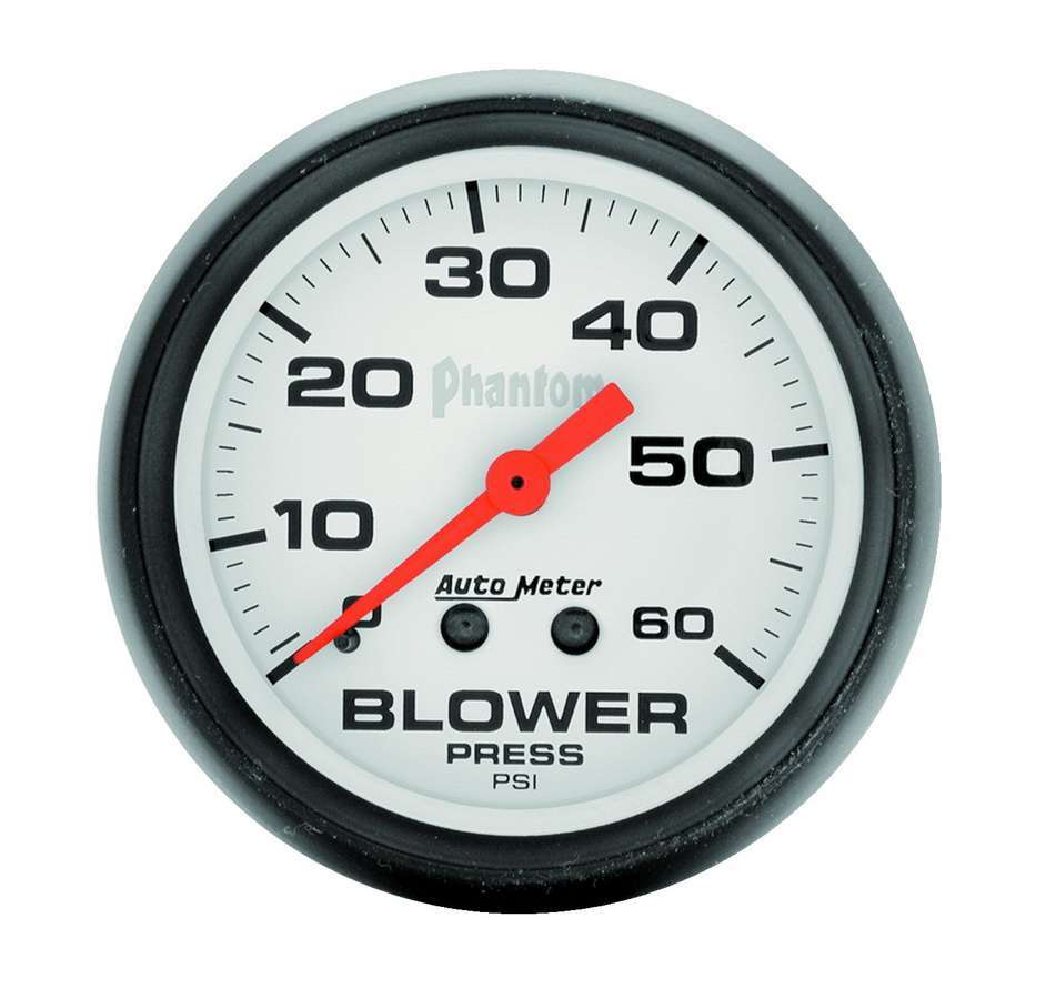 Auto Meter Blower Pressure Gauge, Phantom, 0-60 psi, Mechanical, Analog, 2-5/8" Diameter, White Face, Each