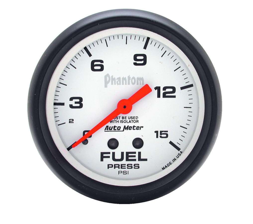 Auto Meter Fuel Pressure Gauge, Phantom, 0-15 psi, Mechanical, Analog, 2-5/8" Diameter, White Face, Each