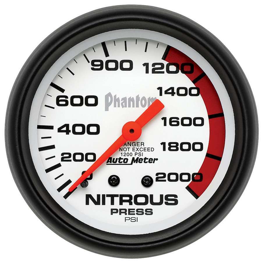 Auto Meter Nitrous Pressure Gauge, Phantom, 0-2000 psi, Mechanical, Analog, 2-5/8" Diameter, White Face, Each
