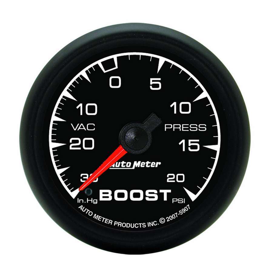 Auto Meter Boost/Vacuum Gauge, ES, 30" HG-20 psi, Mechanical, Analog, 2-1/16" Diameter, Black Face, Each