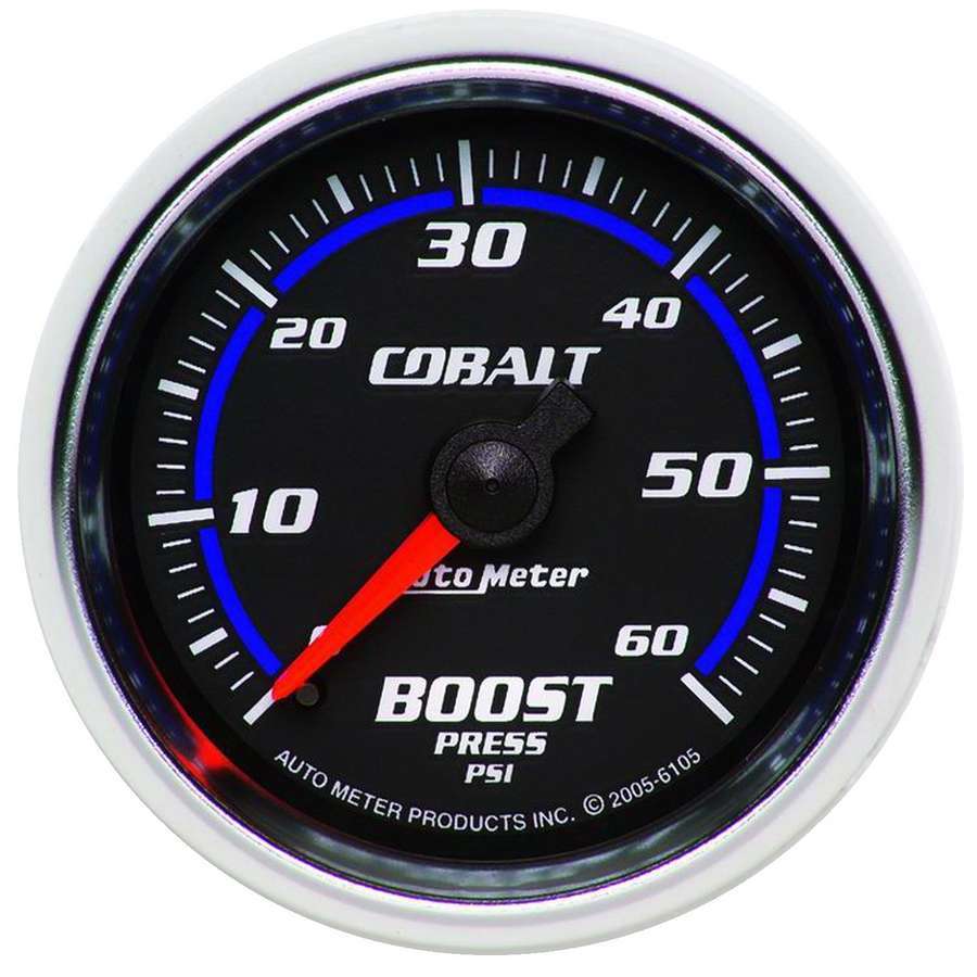 Auto Meter Boost Gauge, Cobalt, 0-60 psi, Mechanical, Analog, 2-1/16" Diameter, Black Face, Each