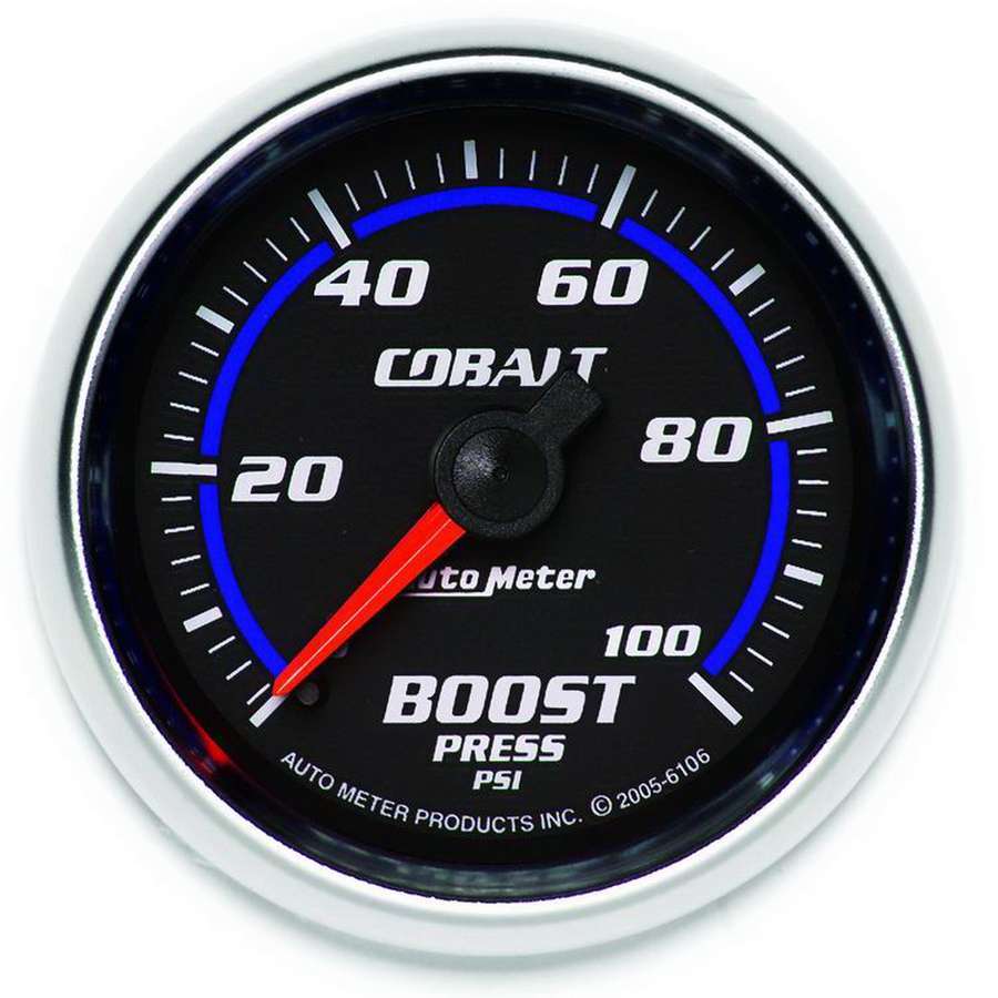 Auto Meter Boost Gauge, Cobalt, 0-100 psi, Mechanical, Analog, 2-1/16" Diameter, Black Face, Each