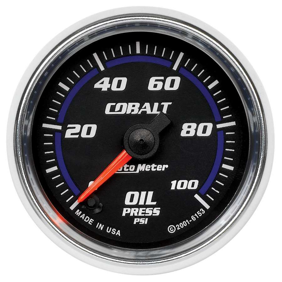 Auto Meter Oil Pressure Gauge, Cobalt, 0-100 psi, Electric, Analog, Full Sweep, 2-1/16" Diameter, Black Face, Each