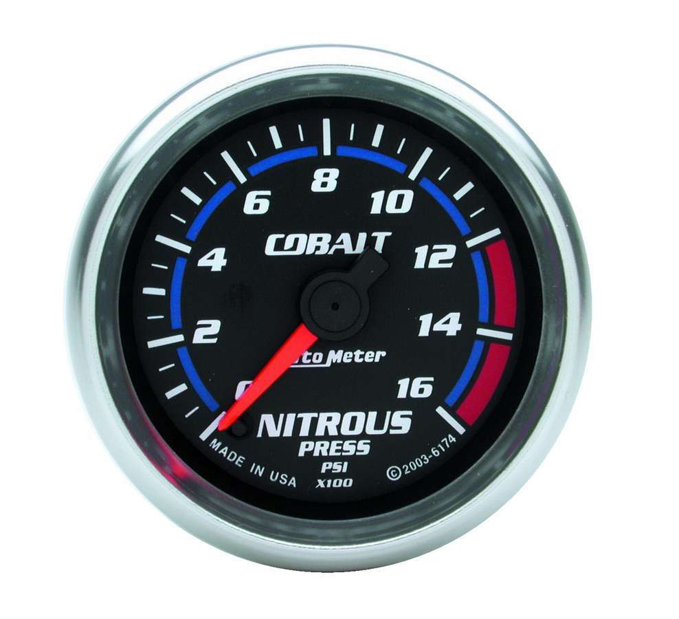 Auto Meter Nitrous Pressure Gauge, Cobalt, 0-1600 psi, Electric, Analog, Full Sweep, 2-1/16" Diameter, Black Face, Each