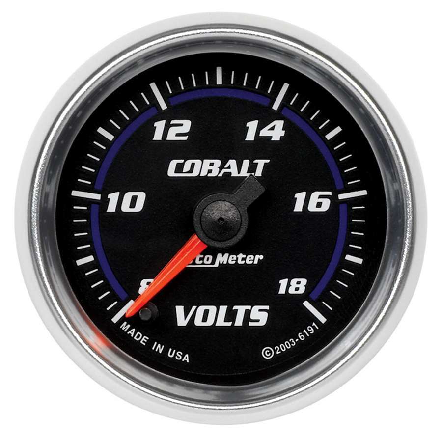 Auto Meter Voltmeter, Cobalt, 8-18V, Electric, Analog, Full Sweep, 2-1/16" Diameter, Black Face, Each
