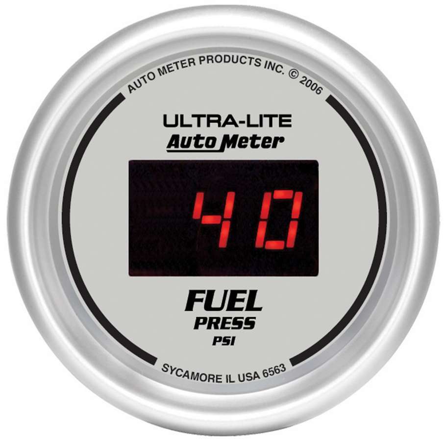 Auto Meter Fuel Pressure Gauge, Ultra-Lite, 5-100 psi, Electric, Digital, 2-1/16" Diameter, Silver Face, Each