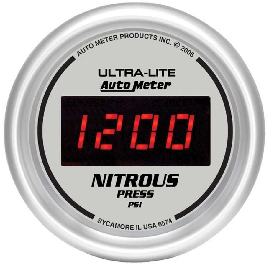 Auto Meter Nitrous Pressure Gauge, Ultra-Lite, 0-1600 psi, Electric, Digital, 2-1/16" Diameter, Black Face, Each